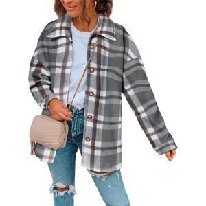 imageSHEWIN Womens Long Sleeve Plaid Shirts Flannel Lapel Button Down Shacket Jacket CoatsC2 Light Grey