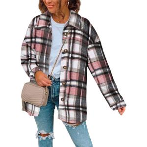 imageSHEWIN Womens Long Sleeve Plaid Shirts Flannel Lapel Button Down Shacket Jacket CoatsC2 Pink