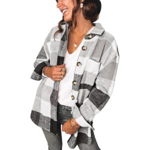 imageSHEWIN Womens Long Sleeve Plaid Shirts Flannel Lapel Button Down Shacket Jacket CoatsGrey