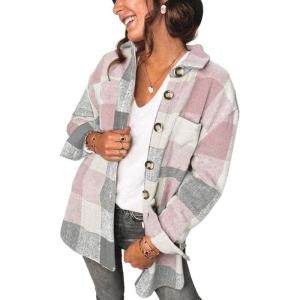 imageSHEWIN Womens Long Sleeve Plaid Shirts Flannel Lapel Button Down Shacket Jacket CoatsPink