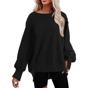 imageSHEWIN Womens Oversized Reverse Seam Sweatshirt Casual Long Sleeve Crewneck Lightweight Pullover Tops Loose SweatshirtsA Black
