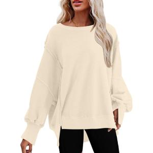 imageSHEWIN Womens Oversized Reverse Seam Sweatshirt Casual Long Sleeve Crewneck Lightweight Pullover Tops Loose SweatshirtsN Beige
