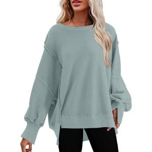 imageSHEWIN Womens Oversized Reverse Seam Sweatshirt Casual Long Sleeve Crewneck Lightweight Pullover Tops Loose SweatshirtsN Mist Blue