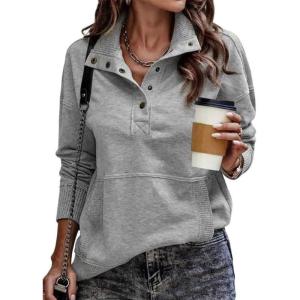 imageSHEWIN Womens Sweatshirt Casual Long Sleeve Lightweight Sweatshirts Button Loose Pullover TopsB Gray