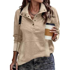 imageSHEWIN Womens Sweatshirt Casual Long Sleeve Lightweight Sweatshirts Button Loose Pullover TopsB Khaki