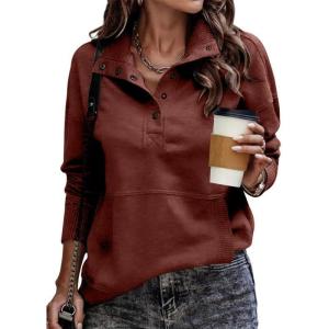 imageSHEWIN Womens Sweatshirt Casual Long Sleeve Lightweight Sweatshirts Button Loose Pullover TopsD Red