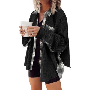 imageSHEWIN Womens Waffle Knit Plaid Shacket Boyfriend Button Down Shirt Jacket Loose Long Sleeve TopsB Black