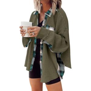 imageSHEWIN Womens Waffle Knit Plaid Shacket Boyfriend Button Down Shirt Jacket Loose Long Sleeve TopsB Green