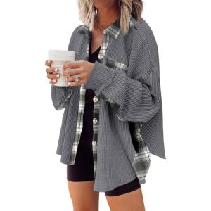 imageSHEWIN Womens Waffle Knit Plaid Shacket Boyfriend Button Down Shirt Jacket Loose Long Sleeve TopsB Grey