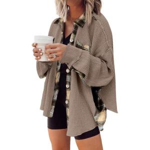imageSHEWIN Womens Waffle Knit Plaid Shacket Boyfriend Button Down Shirt Jacket Loose Long Sleeve TopsB Khaki