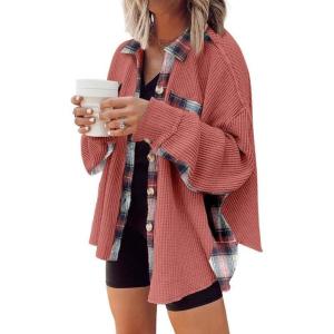 imageSHEWIN Womens Waffle Knit Plaid Shacket Boyfriend Button Down Shirt Jacket Loose Long Sleeve TopsB Red