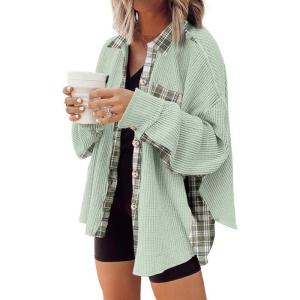 imageSHEWIN Womens Waffle Knit Plaid Shacket Boyfriend Button Down Shirt Jacket Loose Long Sleeve TopsC Grass Green