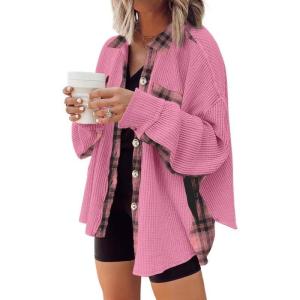 imageSHEWIN Womens Waffle Knit Plaid Shacket Boyfriend Button Down Shirt Jacket Loose Long Sleeve TopsC Hot Pink