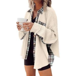 imageSHEWIN Womens Waffle Knit Plaid Shacket Boyfriend Button Down Shirt Jacket Loose Long Sleeve TopsC Light Apricot