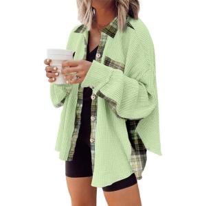 imageSHEWIN Womens Waffle Knit Plaid Shacket Boyfriend Button Down Shirt Jacket Loose Long Sleeve TopsC Light Green