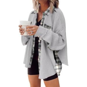 imageSHEWIN Womens Waffle Knit Plaid Shacket Boyfriend Button Down Shirt Jacket Loose Long Sleeve TopsC Light Grey