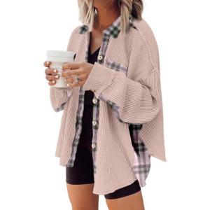 imageSHEWIN Womens Waffle Knit Plaid Shacket Boyfriend Button Down Shirt Jacket Loose Long Sleeve TopsC Light Pink