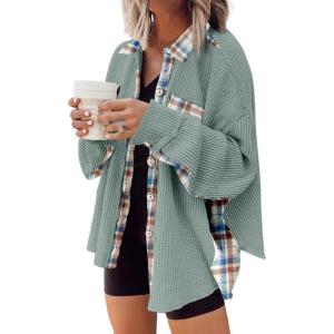 imageSHEWIN Womens Waffle Knit Plaid Shacket Boyfriend Button Down Shirt Jacket Loose Long Sleeve TopsC Mist Blue