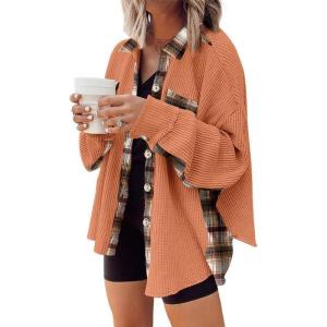 imageSHEWIN Womens Waffle Knit Plaid Shacket Boyfriend Button Down Shirt Jacket Loose Long Sleeve TopsC Orange