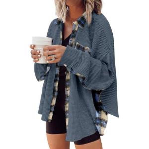 imageSHEWIN Womens Waffle Knit Plaid Shacket Boyfriend Button Down Shirt Jacket Loose Long Sleeve TopsD Blue