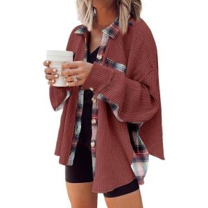 imageSHEWIN Womens Waffle Knit Plaid Shacket Boyfriend Button Down Shirt Jacket Loose Long Sleeve TopsD Brick Red
