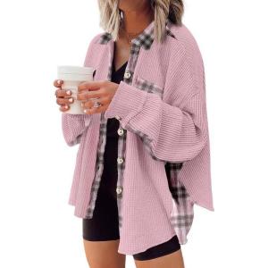 imageSHEWIN Womens Waffle Knit Plaid Shacket Boyfriend Button Down Shirt Jacket Loose Long Sleeve TopsD Pink