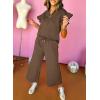 imageSHEWIN 2 Piece Sets Outfits for Women V Neck Collared Ruffle Short Sleeve Polo Shirts Quarter Zip Pullover Tops Lounge SetBrown