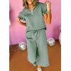 imageSHEWIN 2 Piece Sets Outfits for Women V Neck Collared Ruffle Short Sleeve Polo Shirts Quarter Zip Pullover Tops Lounge SetGreen