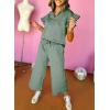 imageSHEWIN 2 Piece Sets Outfits for Women V Neck Collared Ruffle Short Sleeve Polo Shirts Quarter Zip Pullover Tops Lounge SetGreen