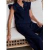 imageSHEWIN 2 Piece Sets Outfits for Women V Neck Collared Ruffle Short Sleeve Polo Shirts Quarter Zip Pullover Tops Lounge SetNavy Blue