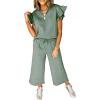 imageSHEWIN 2 Piece Sets Outfits for Women V Neck Collared Ruffle Short Sleeve Polo Shirts Quarter Zip Pullover Tops Lounge SetGreen