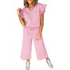 imageSHEWIN 2 Piece Sets Outfits for Women V Neck Collared Ruffle Short Sleeve Polo Shirts Quarter Zip Pullover Tops Lounge SetLight Pink