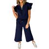 imageSHEWIN 2 Piece Sets Outfits for Women V Neck Collared Ruffle Short Sleeve Polo Shirts Quarter Zip Pullover Tops Lounge SetNavy Blue