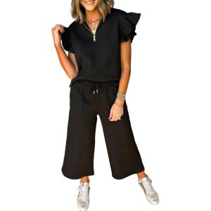imageSHEWIN 2 Piece Sets Outfits for Women V Neck Collared Ruffle Short Sleeve Polo Shirts Quarter Zip Pullover Tops Lounge SetBlack