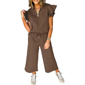 imageSHEWIN 2 Piece Sets Outfits for Women V Neck Collared Ruffle Short Sleeve Polo Shirts Quarter Zip Pullover Tops Lounge SetBrown
