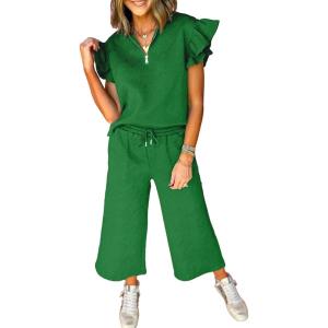 imageSHEWIN 2 Piece Sets Outfits for Women V Neck Collared Ruffle Short Sleeve Polo Shirts Quarter Zip Pullover Tops Lounge SetDark Green