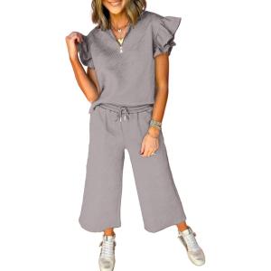 imageSHEWIN 2 Piece Sets Outfits for Women V Neck Collared Ruffle Short Sleeve Polo Shirts Quarter Zip Pullover Tops Lounge SetGray