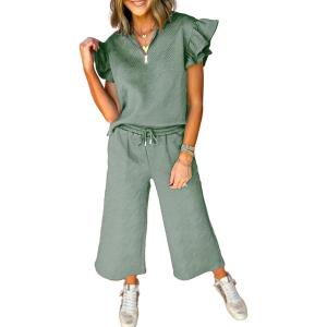 imageSHEWIN 2 Piece Sets Outfits for Women V Neck Collared Ruffle Short Sleeve Polo Shirts Quarter Zip Pullover Tops Lounge SetGreen