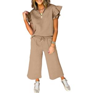 imageSHEWIN 2 Piece Sets Outfits for Women V Neck Collared Ruffle Short Sleeve Polo Shirts Quarter Zip Pullover Tops Lounge SetSmoke Gray