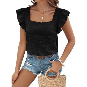 imageSHEWIN Womens Casual Summer Square Neck Tank Tops Sleeveless Ruffle Chiffon Blouses Top ShirtsBlack