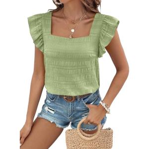 imageSHEWIN Womens Casual Summer Square Neck Tank Tops Sleeveless Ruffle Chiffon Blouses Top ShirtsGrass Green
