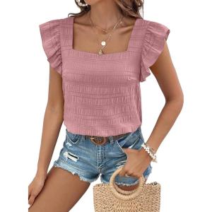 imageSHEWIN Womens Casual Summer Square Neck Tank Tops Sleeveless Ruffle Chiffon Blouses Top ShirtsPink