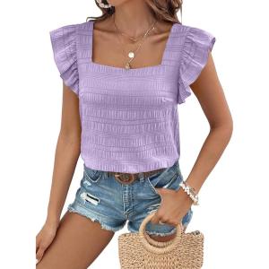 imageSHEWIN Womens Casual Summer Square Neck Tank Tops Sleeveless Ruffle Chiffon Blouses Top ShirtsPurple