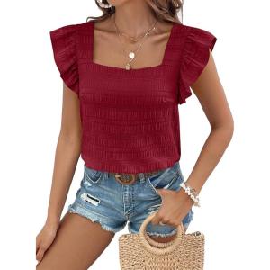 imageSHEWIN Womens Casual Summer Square Neck Tank Tops Sleeveless Ruffle Chiffon Blouses Top ShirtsRacing Red