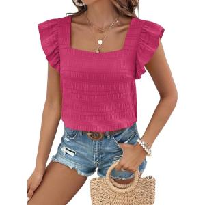 imageSHEWIN Womens Casual Summer Square Neck Tank Tops Sleeveless Ruffle Chiffon Blouses Top ShirtsRose Red
