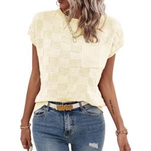 imageSHEWIN Womens Summer Cap Sleeve Tops Casual Crewneck Knit Short Sleeve Sweater Loose Fit Lightweight ShirtsBeige