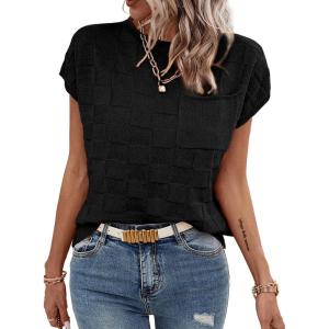 imageSHEWIN Womens Summer Cap Sleeve Tops Casual Crewneck Knit Short Sleeve Sweater Loose Fit Lightweight ShirtsBlack