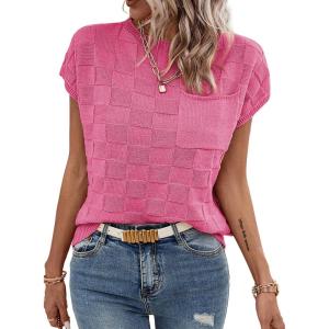 imageSHEWIN Womens Summer Cap Sleeve Tops Casual Crewneck Knit Short Sleeve Sweater Loose Fit Lightweight ShirtsBright Pink