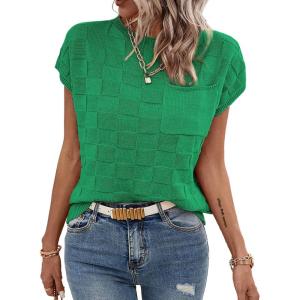 imageSHEWIN Womens Summer Cap Sleeve Tops Casual Crewneck Knit Short Sleeve Sweater Loose Fit Lightweight ShirtsDark Green