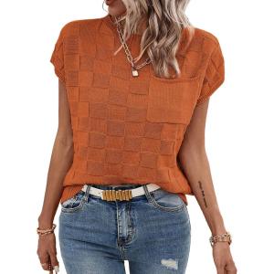 imageSHEWIN Womens Summer Cap Sleeve Tops Casual Crewneck Knit Short Sleeve Sweater Loose Fit Lightweight ShirtsGold Flame